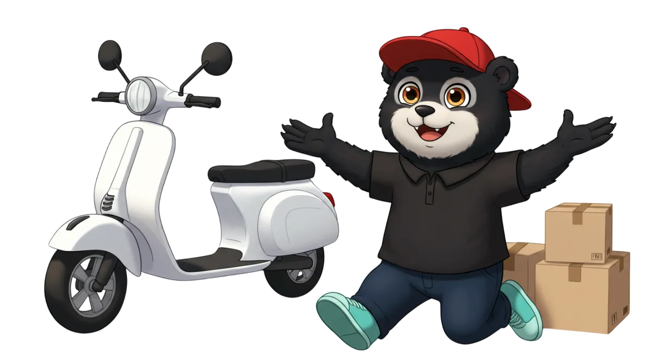 Persona posando con una moto detrás y paquetes al lado